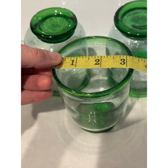 Hand Blown Mexican Glass Green Rim & Base Irregular Drinking Glasses set of 3 - Picture 6 of 9